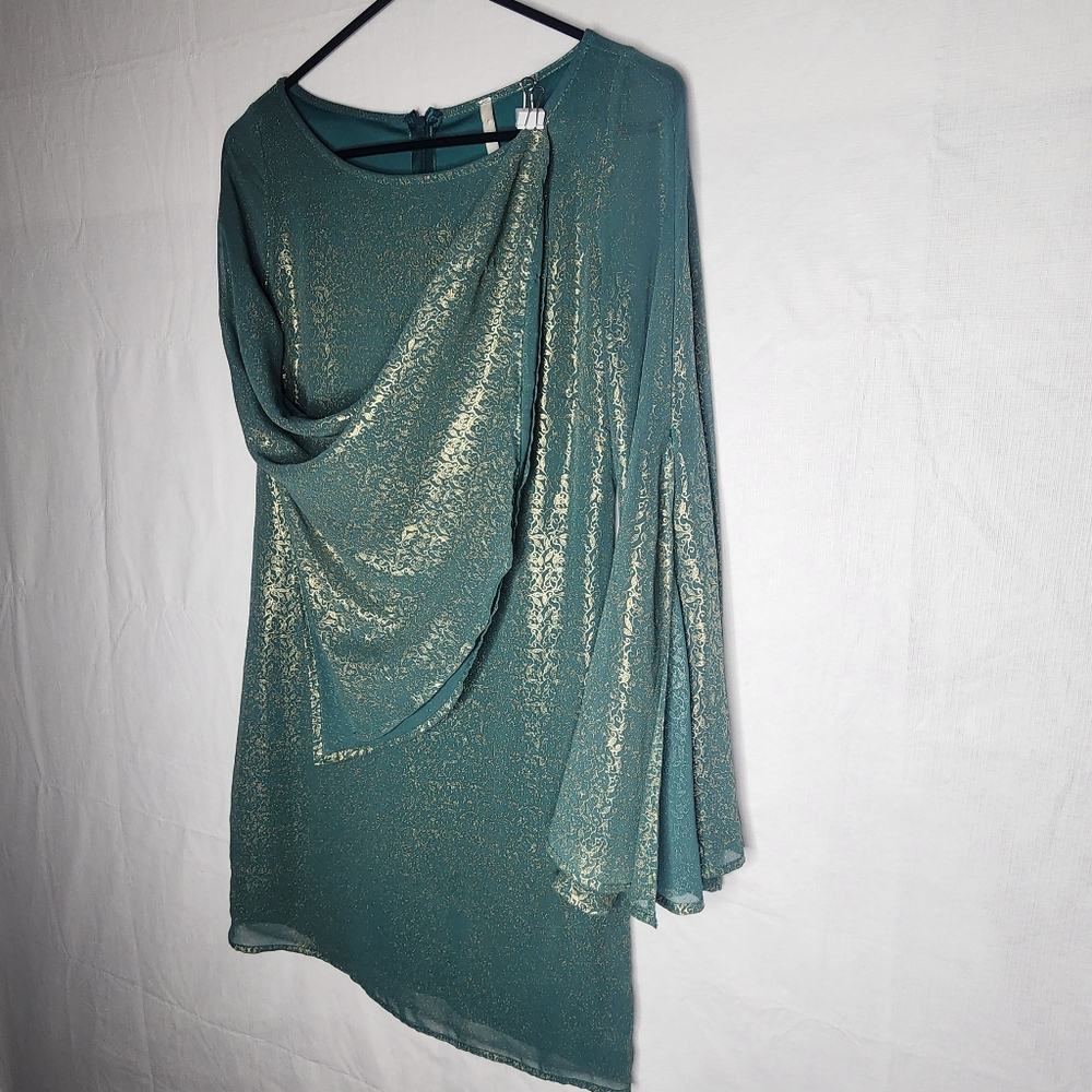 Hello Miss Women's Green Gold Metalic Design Lined Long Bell Sleeve Size S Dress